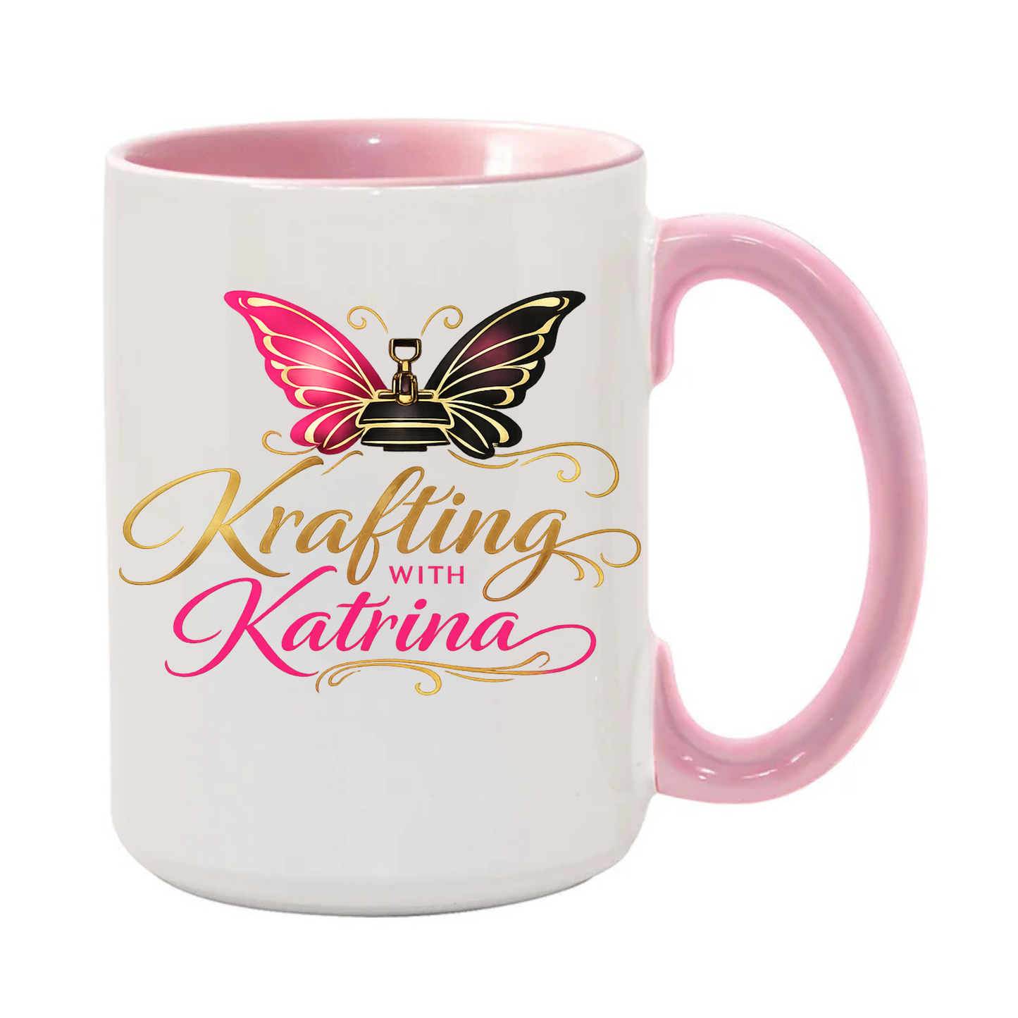 Krafting With Katrina Pink Accent Coffee Mug, Butterfly Logo Ceramic Mug