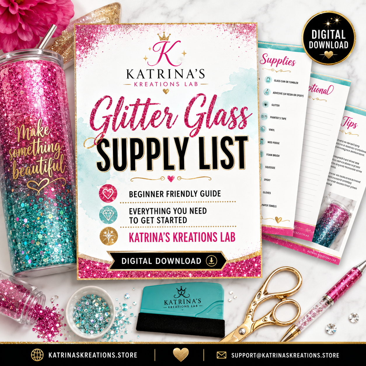 Glitter Glass Supply List, Beginner Friendly Glitter Tumbler & Glass Can Craft Guide, Digital Download