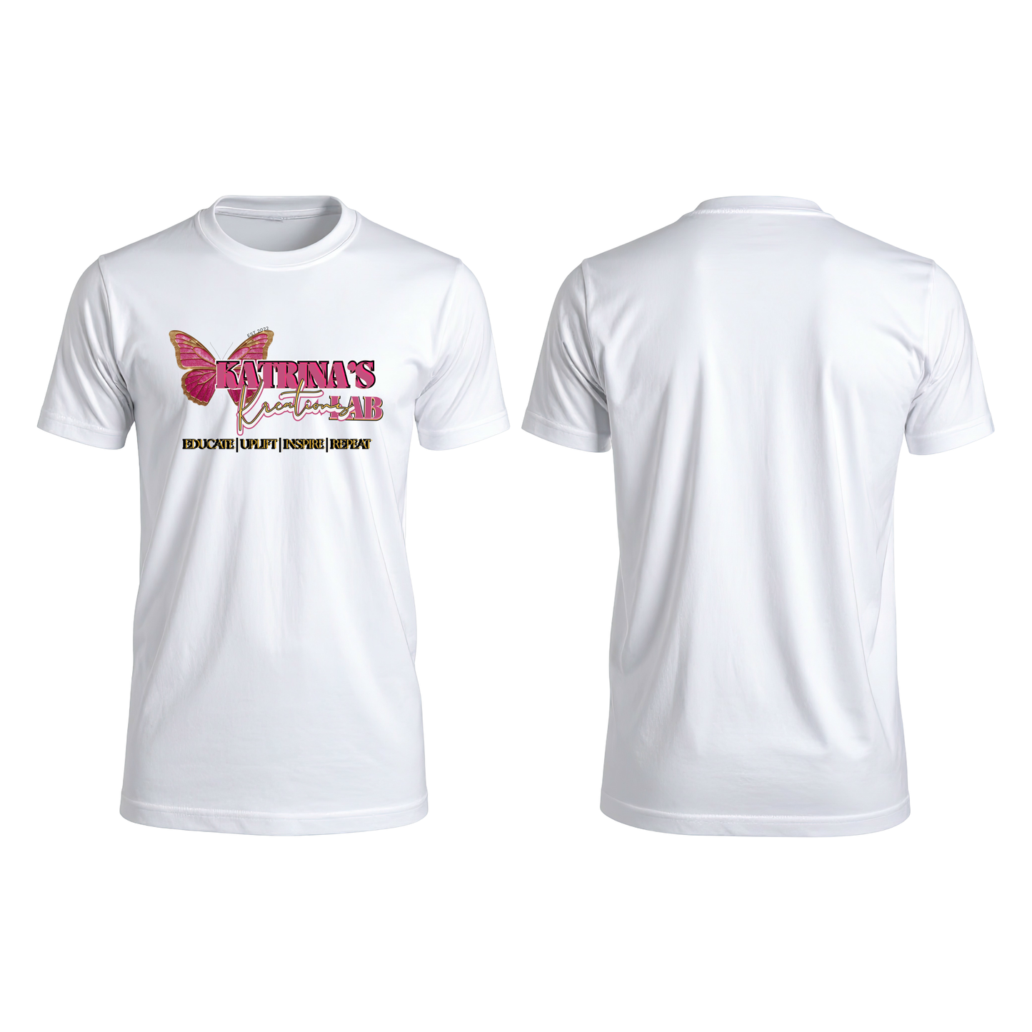 Katrina’s Kreations Lab White Graphic T Shirt, Butterfly Brand Tee