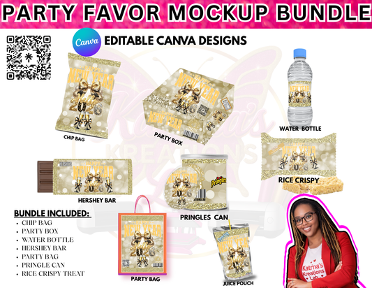 New Year Party Favor Bundle | Editable Canva Templates, Chip Bag, Party Box, Bottles & More