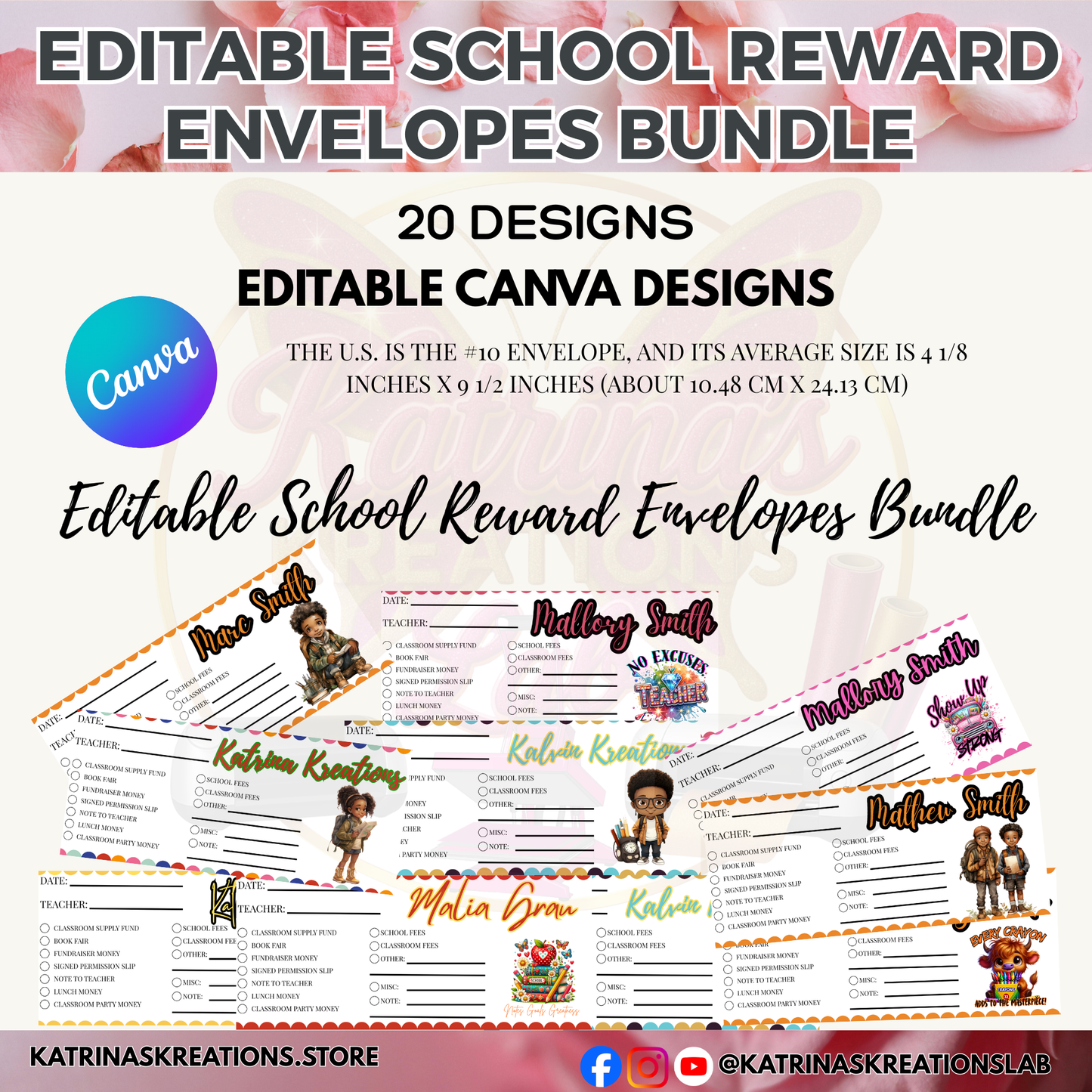 Editable School Reward Envelopes Bundle (20 Designs), Canva Digital Download for Teachers, Parents & Crafters
