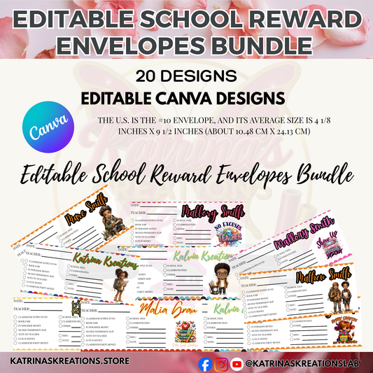 Editable School Reward Envelopes Bundle (20 Designs), Canva Digital Download for Teachers, Parents & Crafters