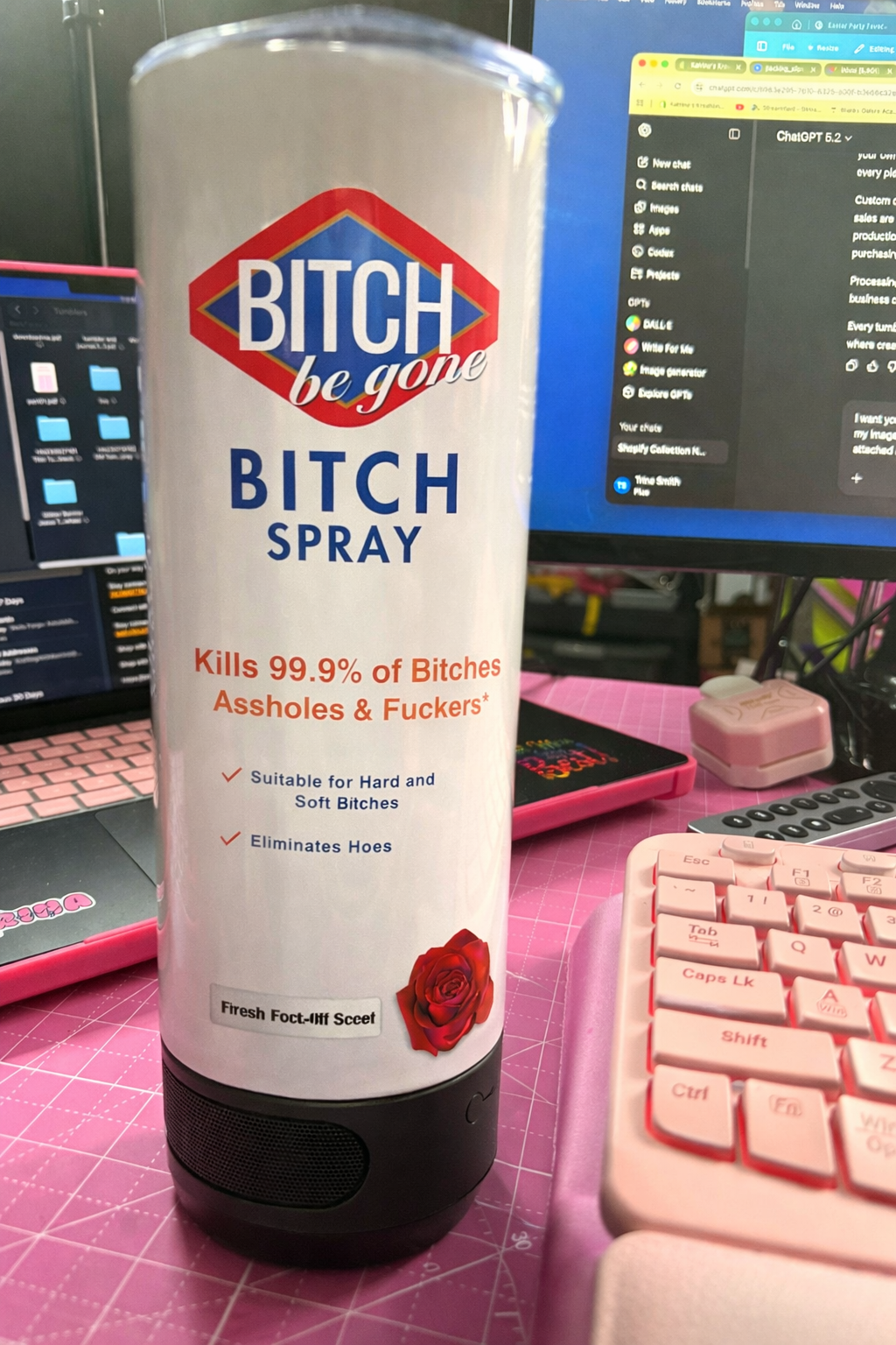 Custom 20oz Bitch Be Gone “Bitch” Spray Tumbler with Bluetooth Speaker, Funny Novelty Insulated Cup